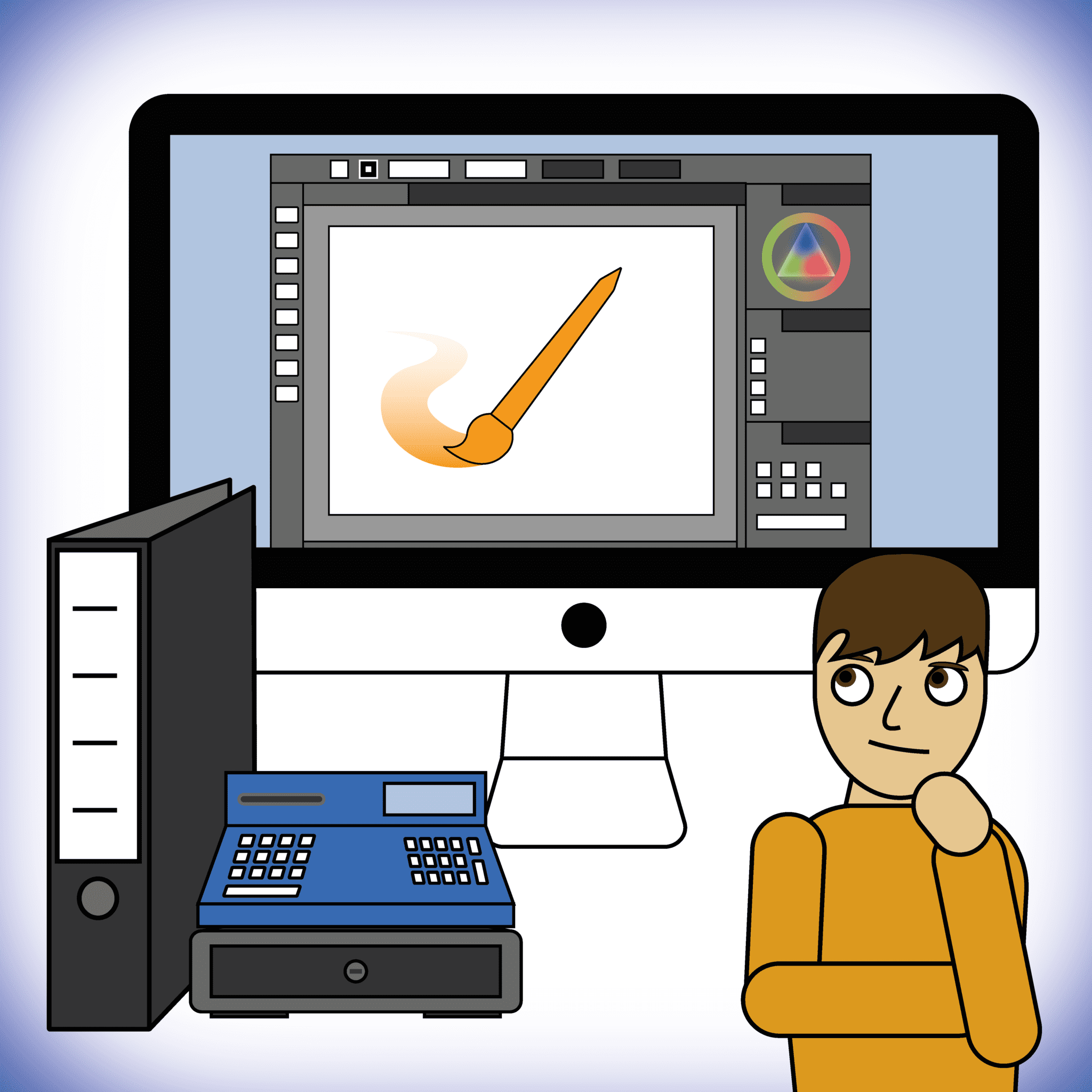 Illustration Tobias Winkler Illustration mit einem Bildschirm und Büroutensilien von Tobias Winkler
